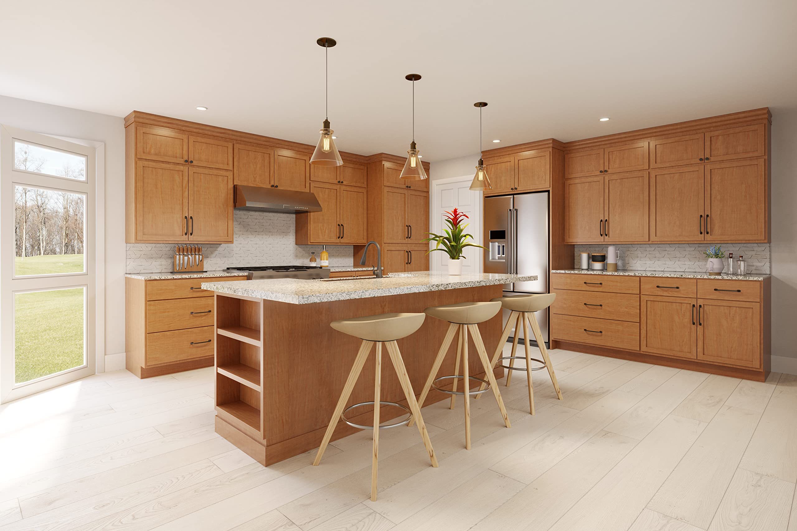 Modern kitchen interior with premium RTA cabinets Canada – warm natural wood shaker cabinets, quartz countertop island, pendant lighting, and soft-close drawers creating a cozy and