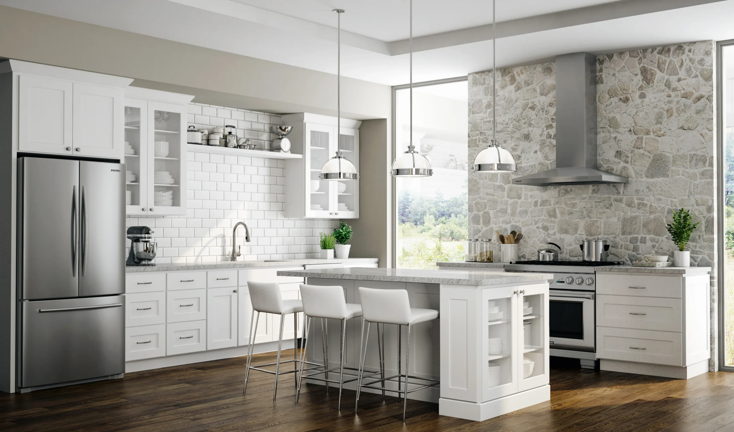 RTA cabinets in a bright white shaker kitchen with island, subway tile backsplash, and stainless steel appliances.