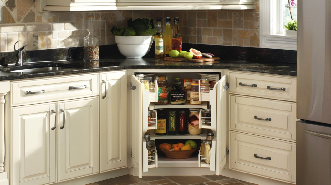 Cream raised-panel RTA kitchen cabinets with black granite counters; an open corner base cabinet shows organized shelves and door-mounted spice racks.