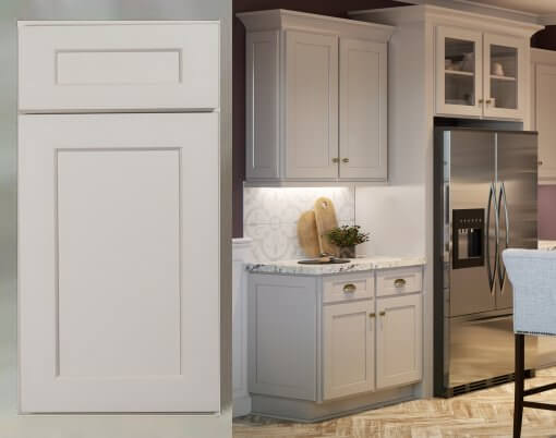 Light gray shaker RTA cabinet door sample and a matching kitchen with soft-gray RTA cabinets, glass-front uppers, marble-look counters, and a stainless refrigerator.