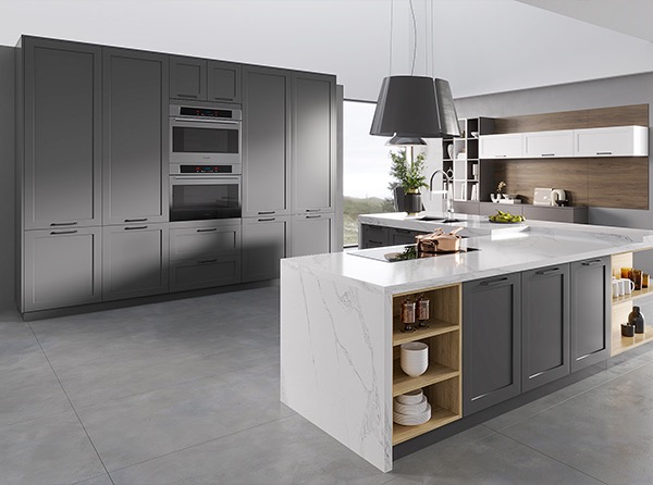 Premium RTA cabinets Canada modern grey, tall built in oven, waterfall style white marble countertop kitchen island and open wood shelves.