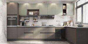 Modern kitchen with handleless RTA cabinets in matte taupe and sage, integrated appliances, and a minimalist linear layout