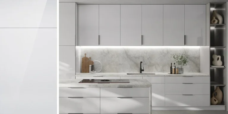 Modern white high-gloss RTA cabinets in a Canadian kitchen with marble backsplash and island—clean, level installation and seamless finishes