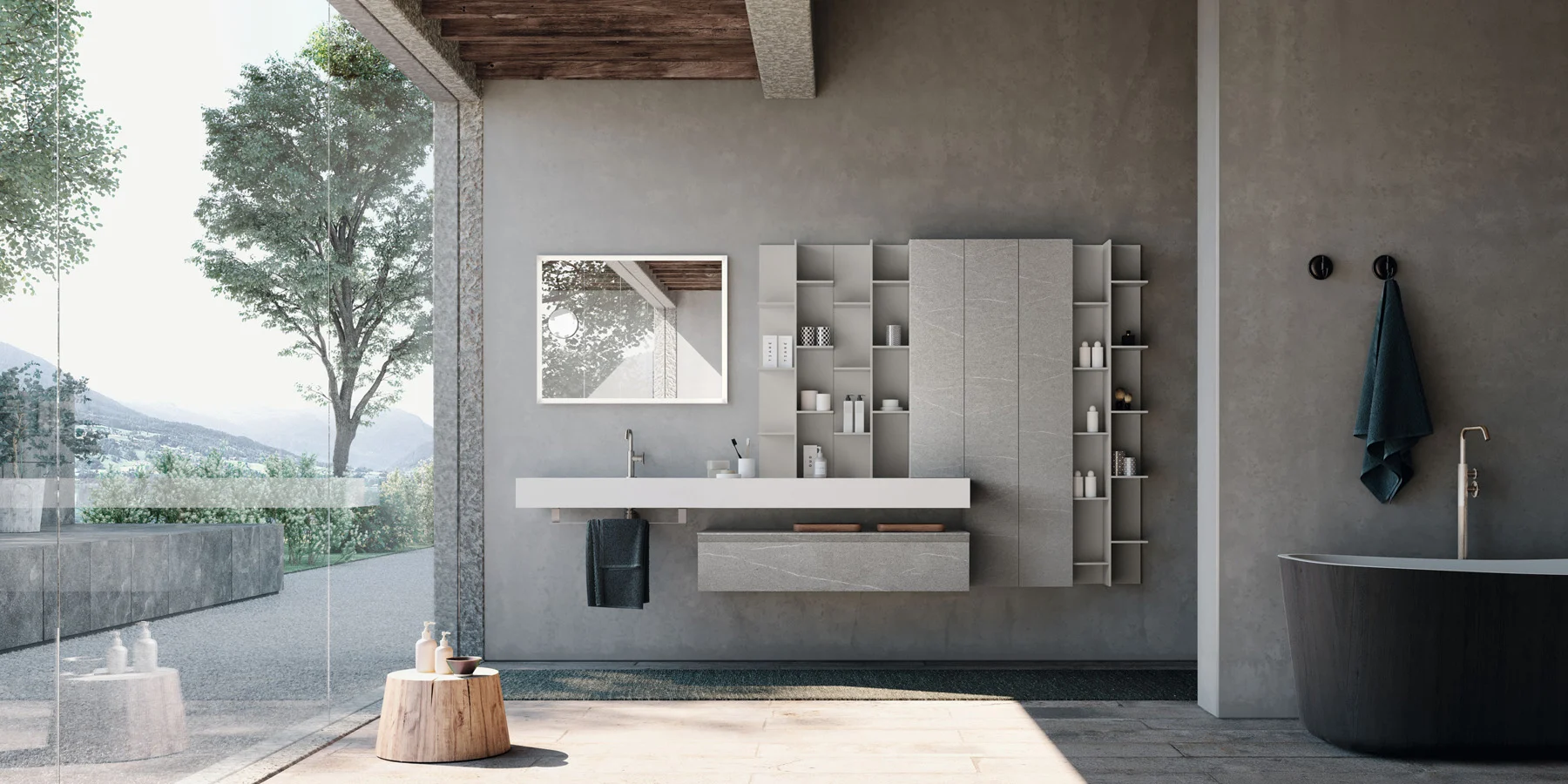 Minimalist bathroom cabinets with wall-mounted floating vanity, tall tower storage, open shelves, and matte stone finish beside a freestanding tub.