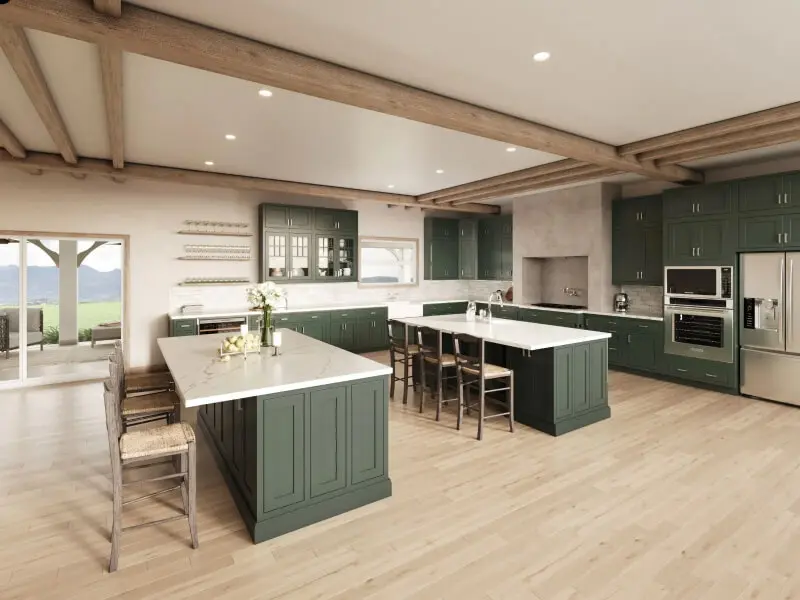 Expansive kitchen with forest-green shaker RTA cabinets, twin islands with white quartz tops, rustic ceiling beams, and stainless appliances.