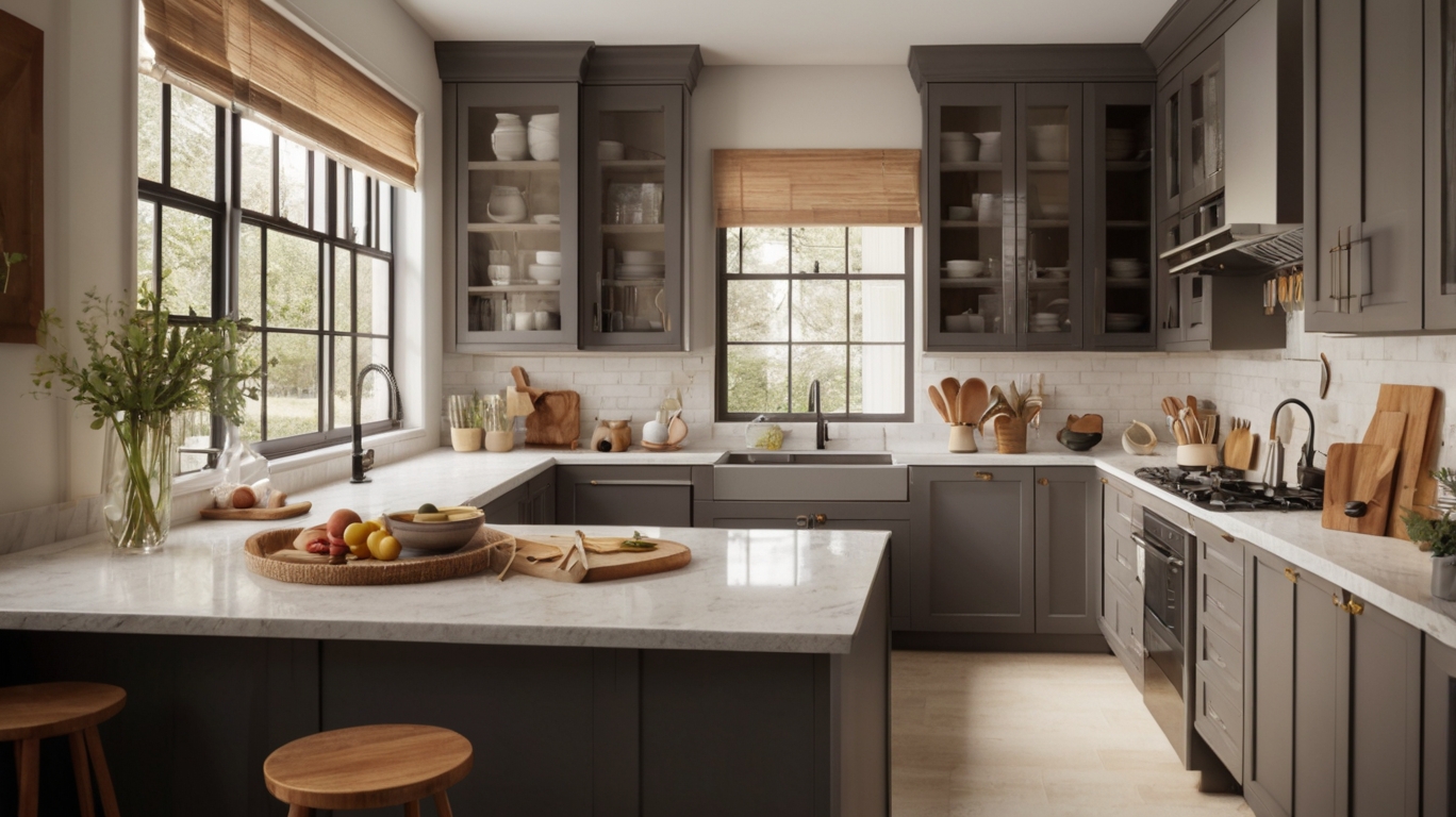 U-shaped kitchen with charcoal gray shaker premium RTA cabinets Canada , glass-front uppers, marble-look countertops, farmhouse sink, white subway tile, black-framed windows, and brass hardware.