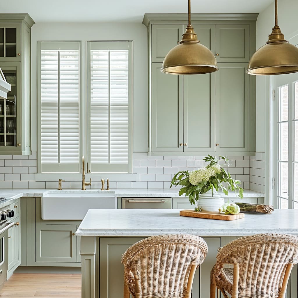 Elegant Canadian kitchen with soft sage green shaker cabinets, brass fixtures, marble countertops, and woven bar stools, highlighting one of the best kitchen cabinet color choices in Canada.