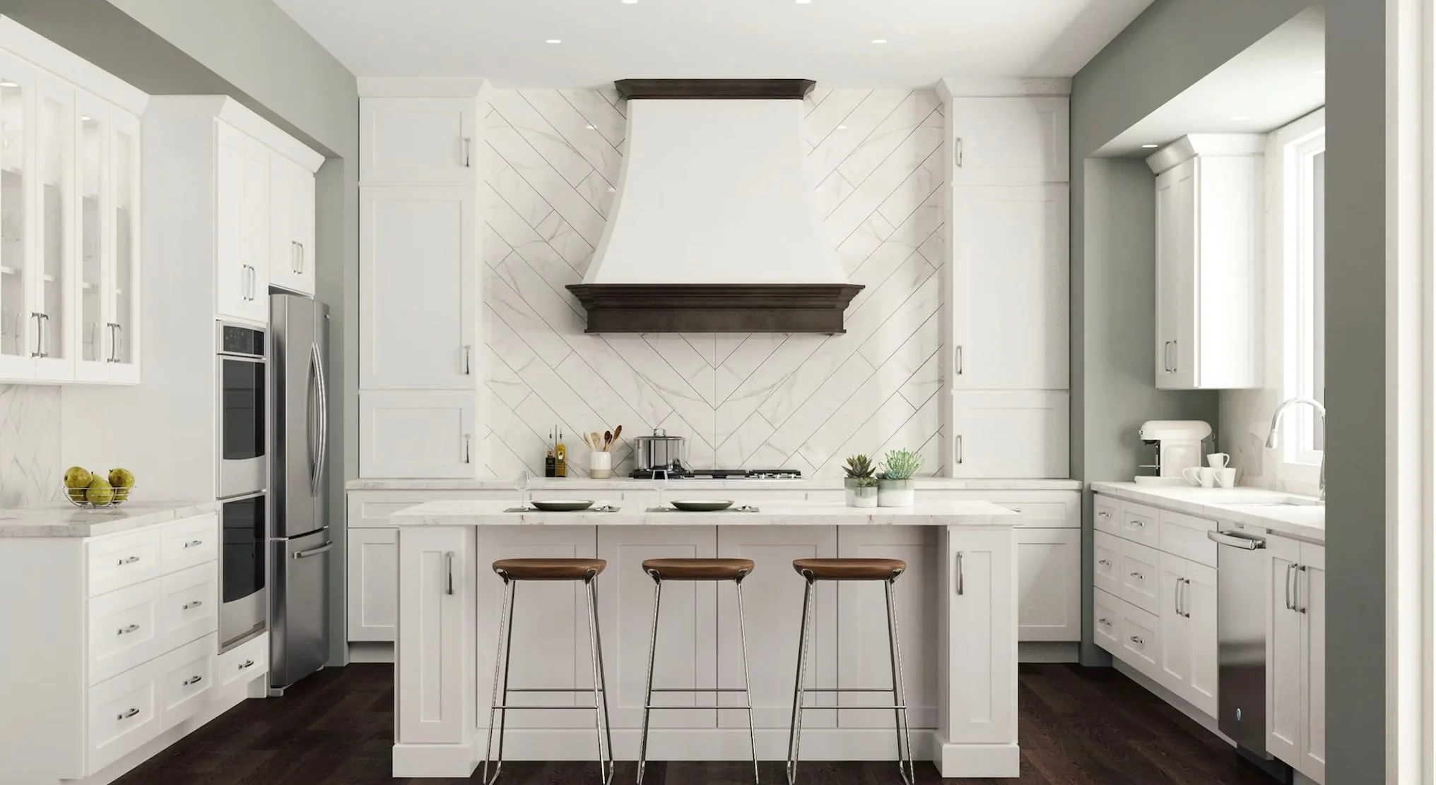 Bright white kitchen with shaker RTA cabinets, quartz counters, chevron tile backsplash, custom wood range hood, large island with three stools, and stainless appliances.