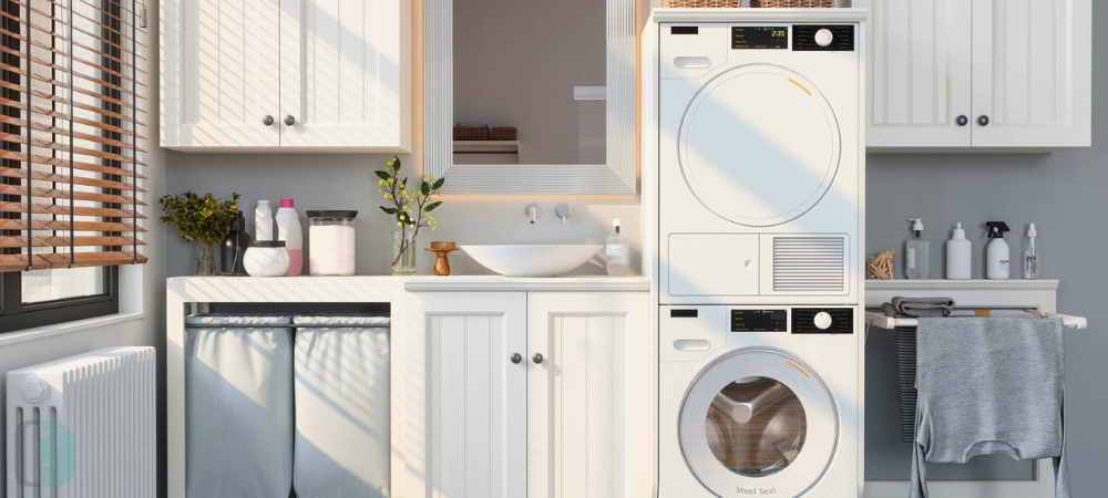 premium RTA cabinets Canada in a bright laundry room—white shaker cabinetry, countertop basin sink, stacked washer-dryer, hidden hampers, towel rack, natural light.