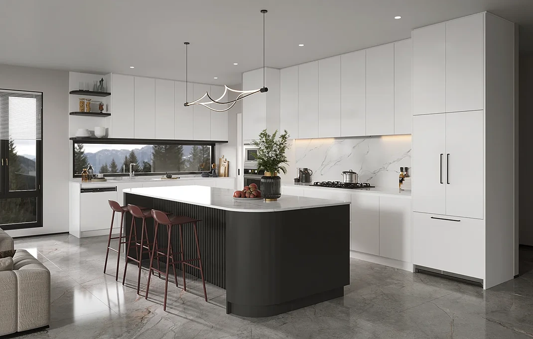 premium RTA cabinets Canada: modern minimalist kitchen with floor-to-ceiling white flat cabinets, curved charcoal island with vertical grooves, white quartz countertops, and marble slab backsplash.