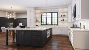Spacious modern kitchen with two-tone RTA cabinets—white shaker perimeter and matte-black island—marble-look quartz countertops and full-height backsplash, brass hardware, open shelves around a black-framed window, and pendant lighting.