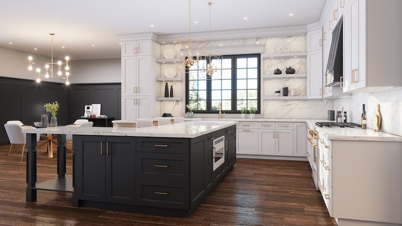 Spacious modern kitchen with two-tone RTA cabinets—white shaker perimeter and matte-black island—marble-look quartz countertops and full-height backsplash, brass hardware, open shelves around a black-framed window, and pendant lighting.