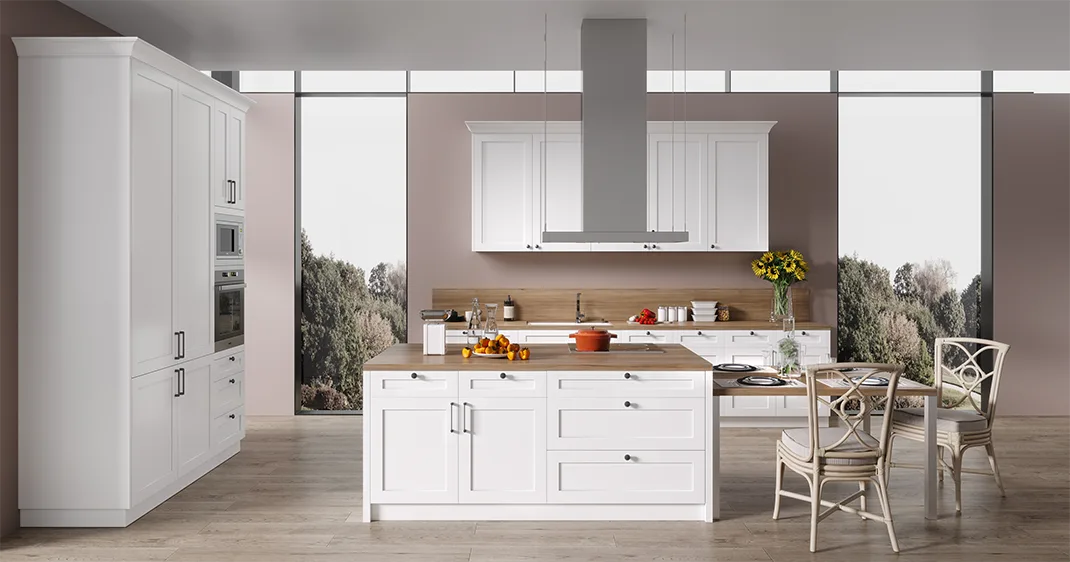 Light-filled modern kitchen with premium RTA cabinets Canada —white shaker cabinetry, large island with wood countertop, built-in appliances, and sleek range hood.