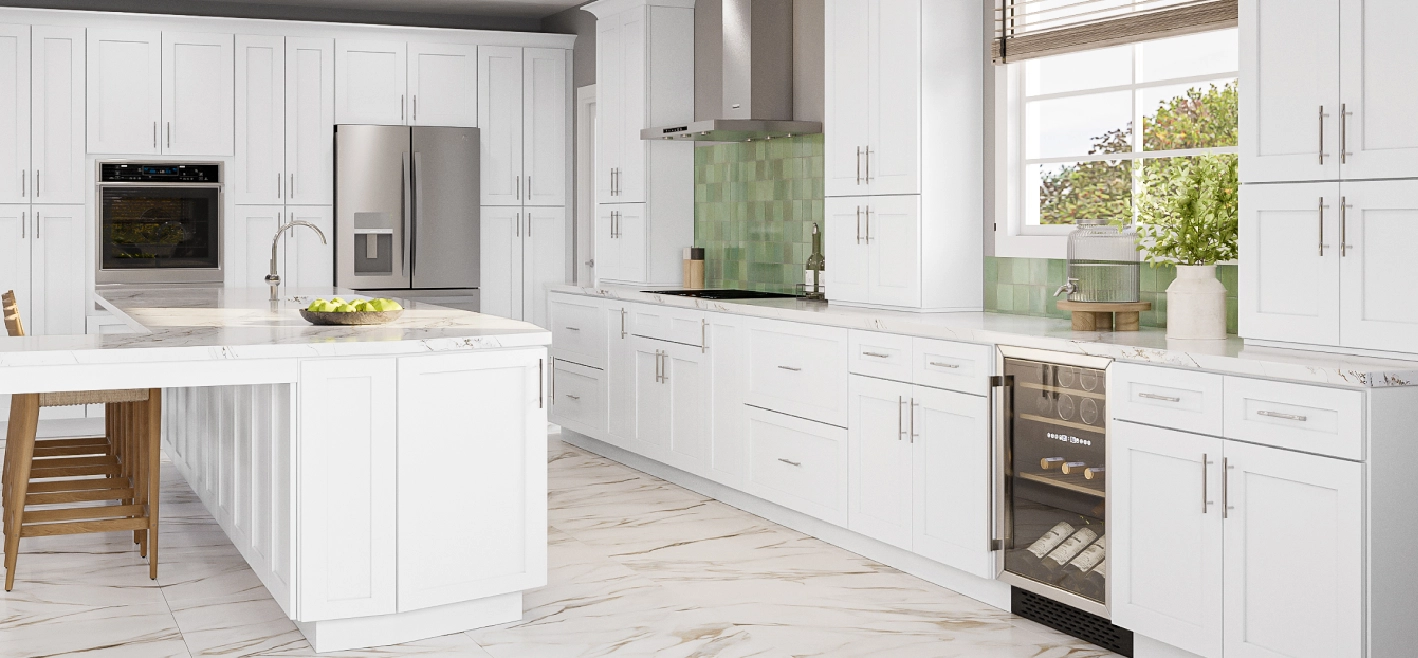 Bright white kitchen with shaker RTA cabinets, spacious island, marble-look countertops, stainless appliances, green tile backsplash, and a built-in wine cooler.