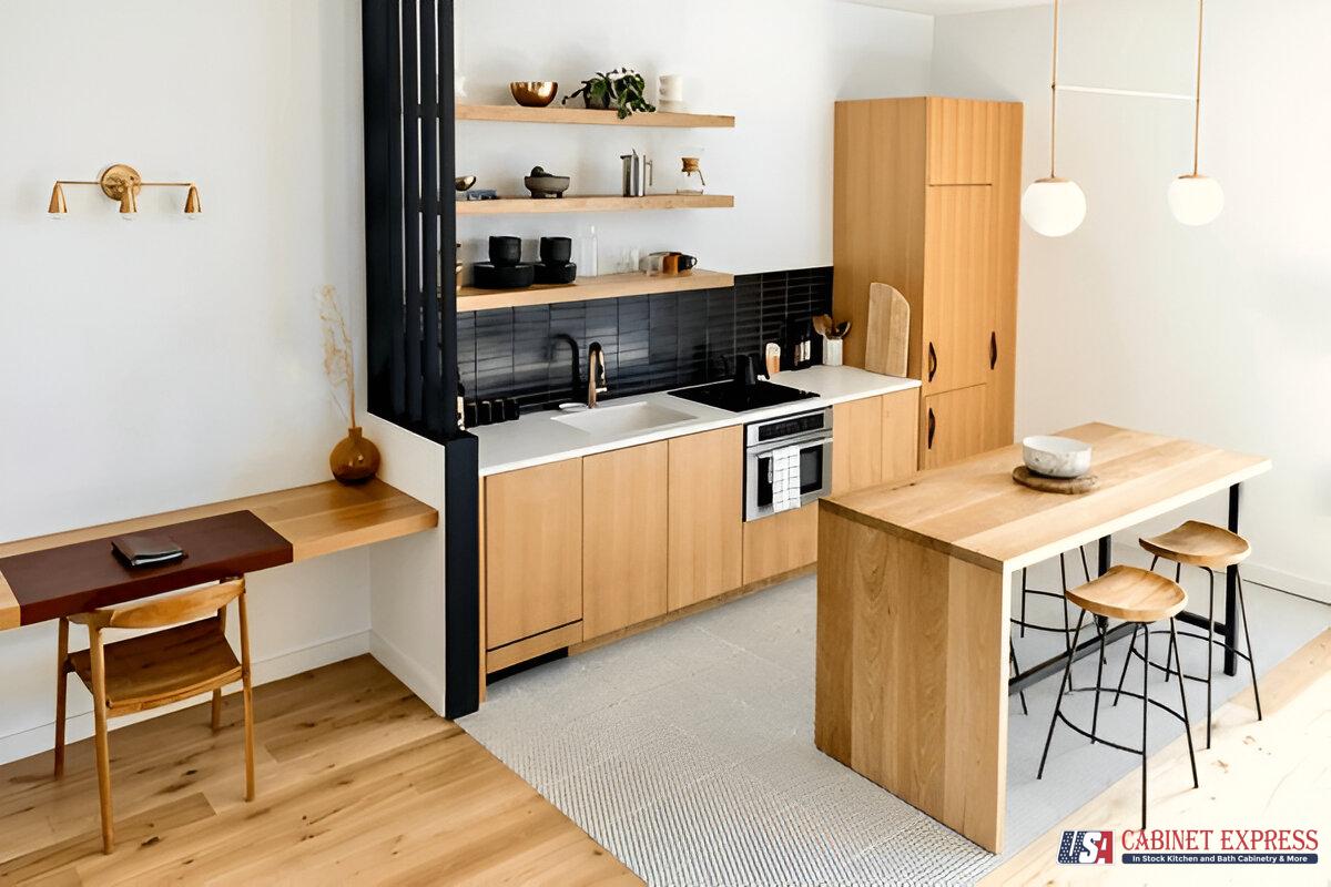 Minimal modern kitchen with light oak flat-panel RTA cabinets, tall pantry, black tile backsplash, white countertops, open shelves, and a slim island table with stools.