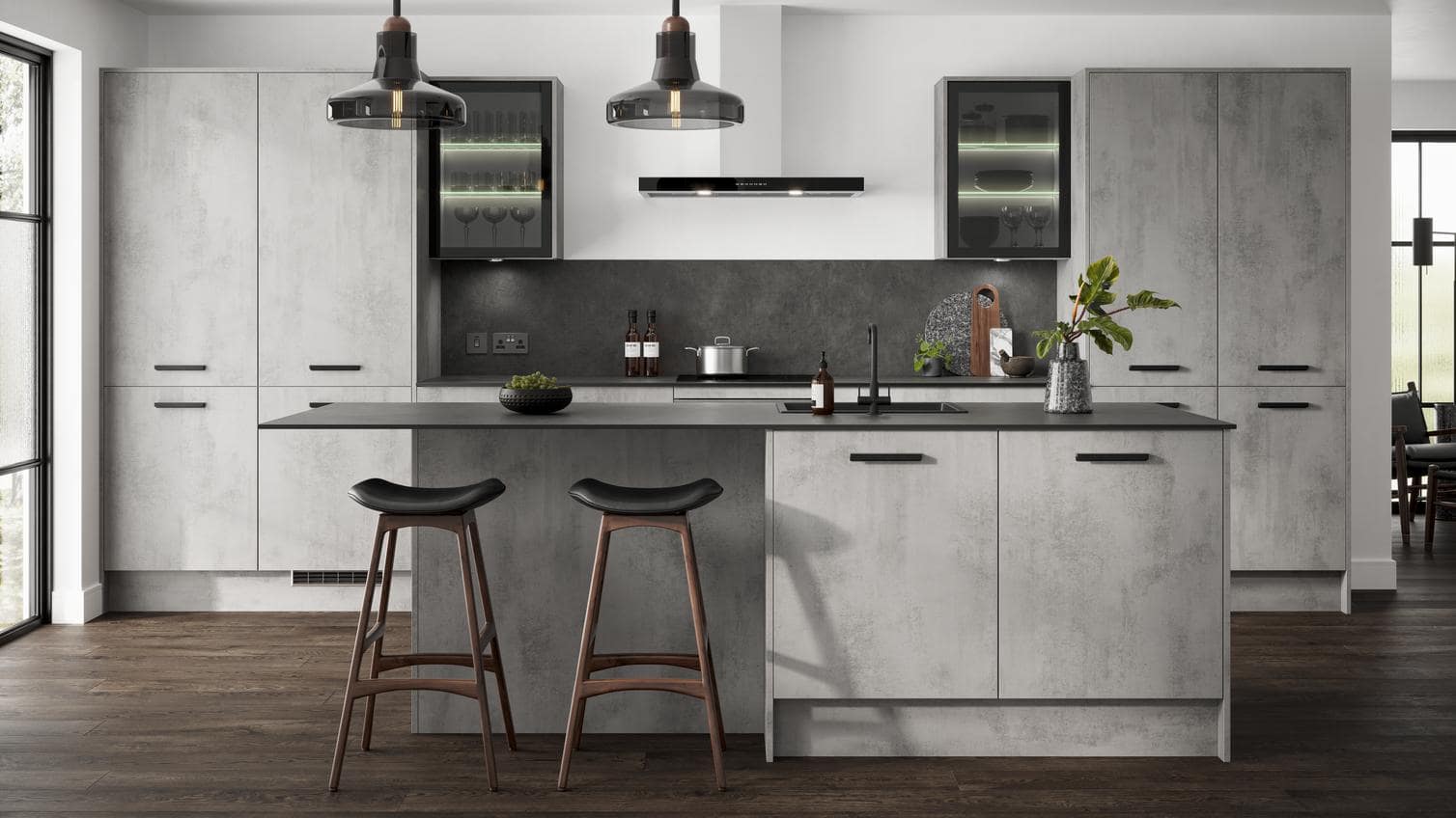 Textured kitchen cabinet fronts in Canada—grey concrete-look slab doors, super-matte island, black hardware, minimalist design