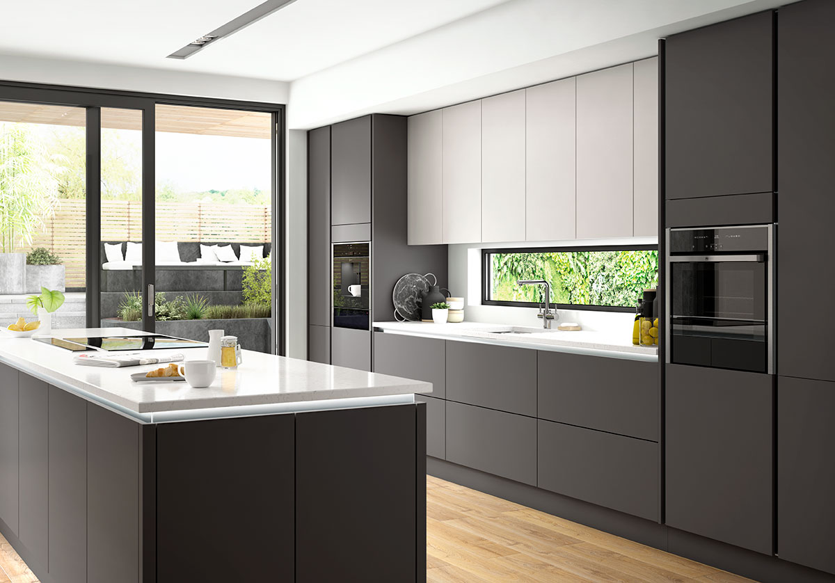 Modern handleless kitchen cabinets in Canada with matte grey fronts and island