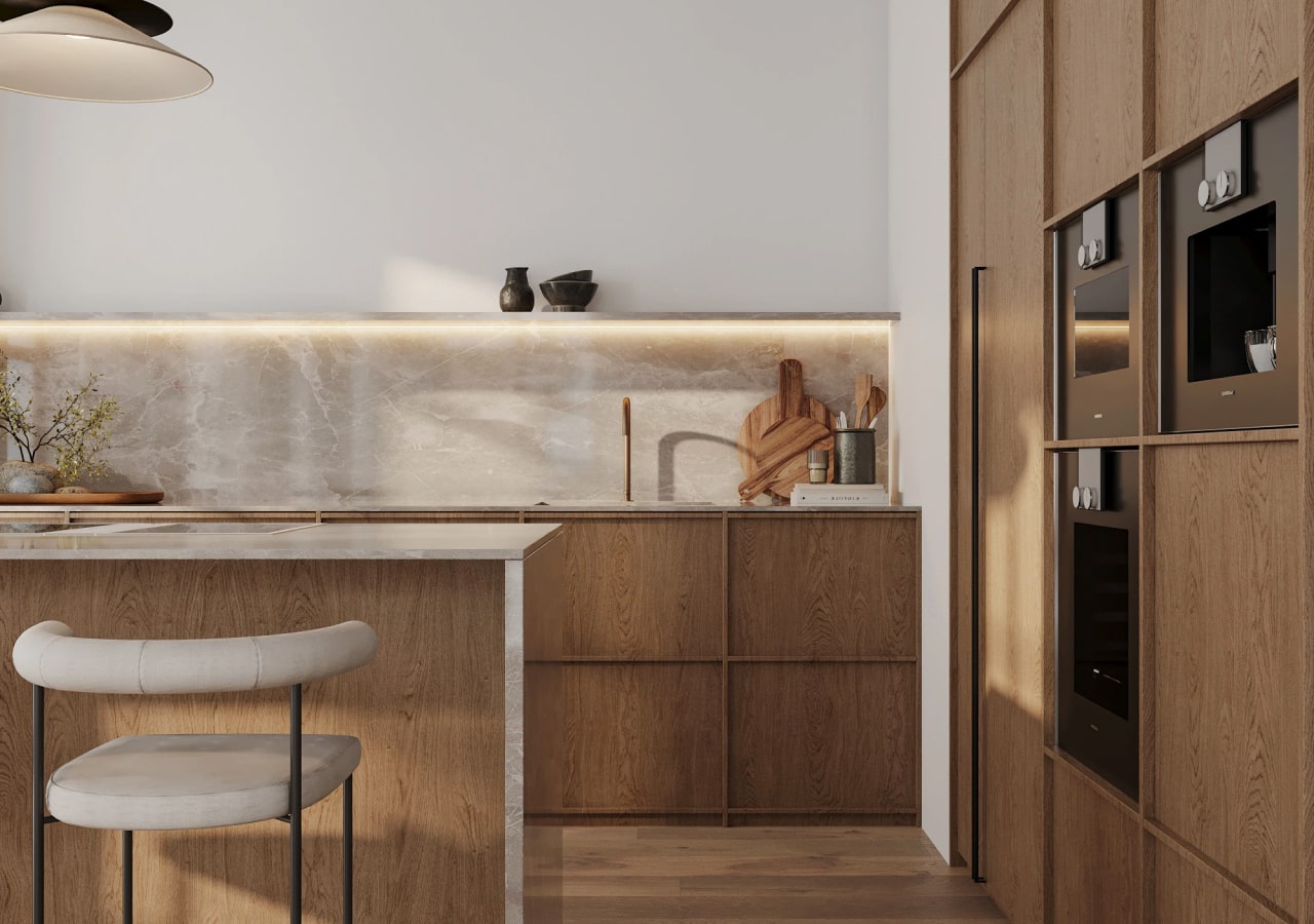 Wabi-sabi kitchen cabinets in Canada — white oak cabinetry, matte stone backsplash, integrated wall ovens, minimalist island, warm under-cabinet lighting