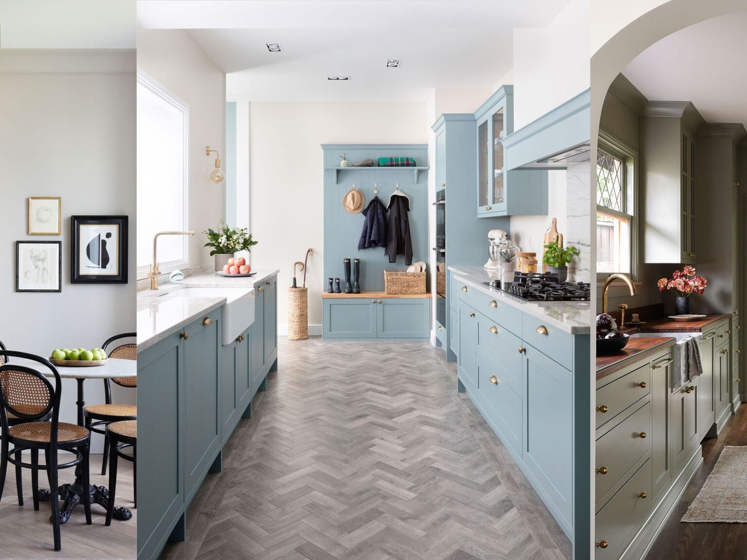 Smart kitchen cabinet design for a narrow galley kitchen: blue shaker cabinets, brass hardware, marble countertops, herringbone floor