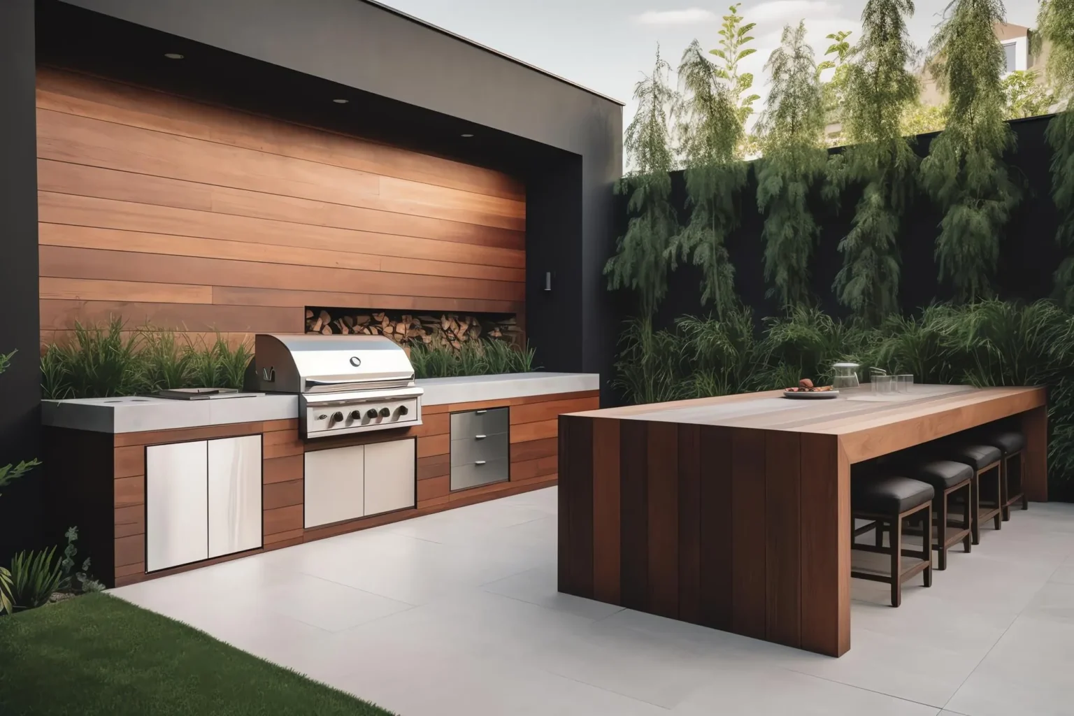 Modern outdoor kitchen with a weatherproof kitchen cabinet base featuring dark wood paneling and stainless steel doors, a built-in grill, and a matching dining island.