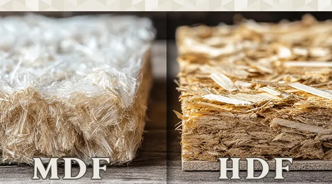 Comparison of MDF and HDF board for kitchen cabinets, showing texture and construction differences