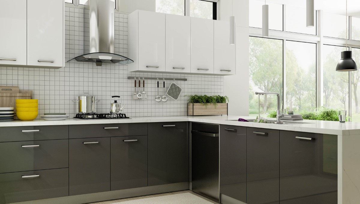 Modern RTA cabinets kitchen in Canada with white upper cabinets and gray base cabinets, showcasing clean, space-saving storage design