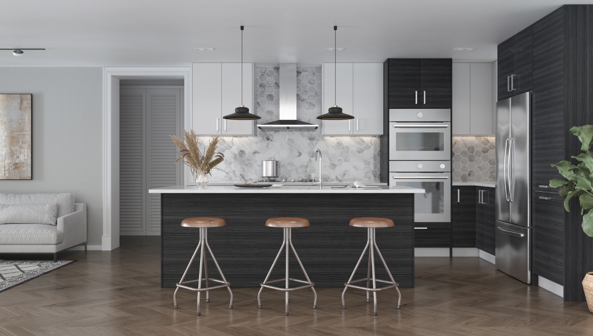 Modern kitchen with black-and-white RTA cabinet, island, hex-tile backsplash, and stainless appliances (Canada)