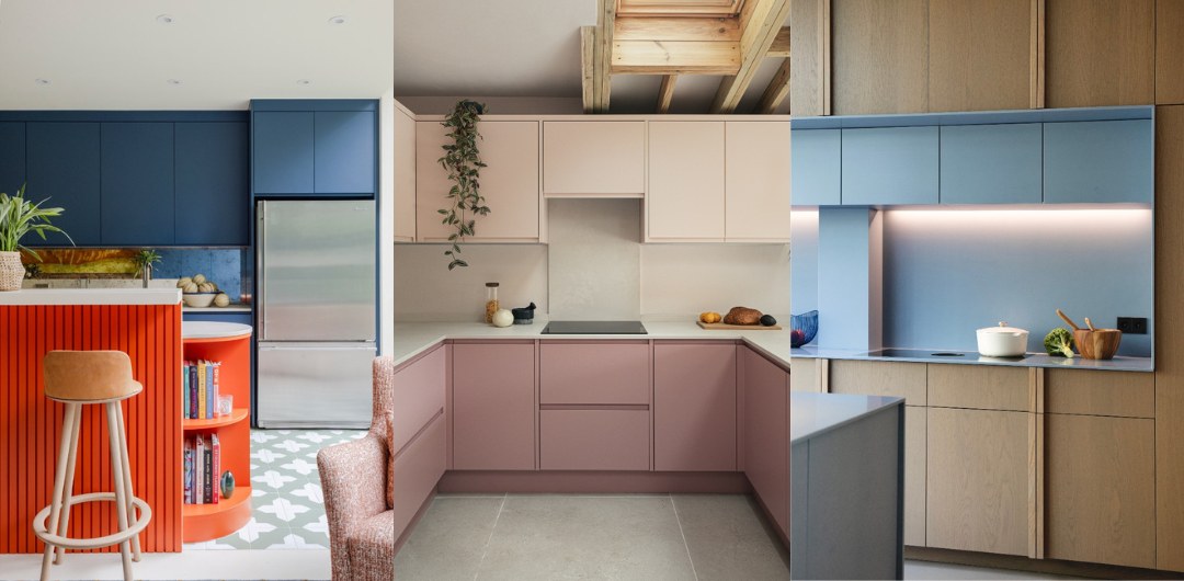 Two Tone vs All White Kitchen Cabinets in Canada – collage of modern two-tone kitchens (navy with orange island, blush & mauve matte, blue with natural oak)