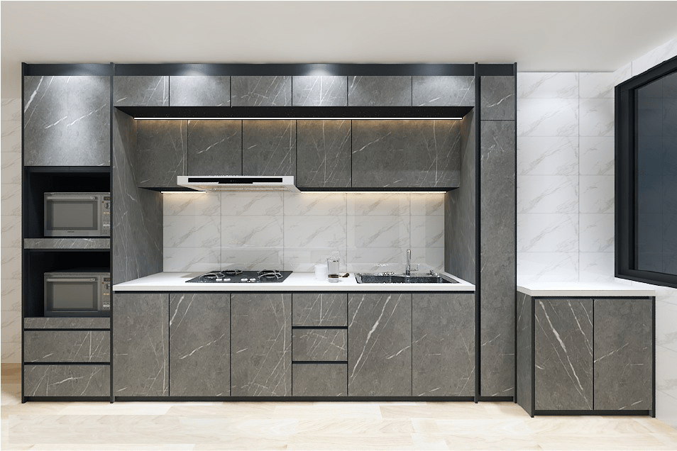 Modern gray all aluminum kitchen cabinet design with integrated appliances in a contemporary home