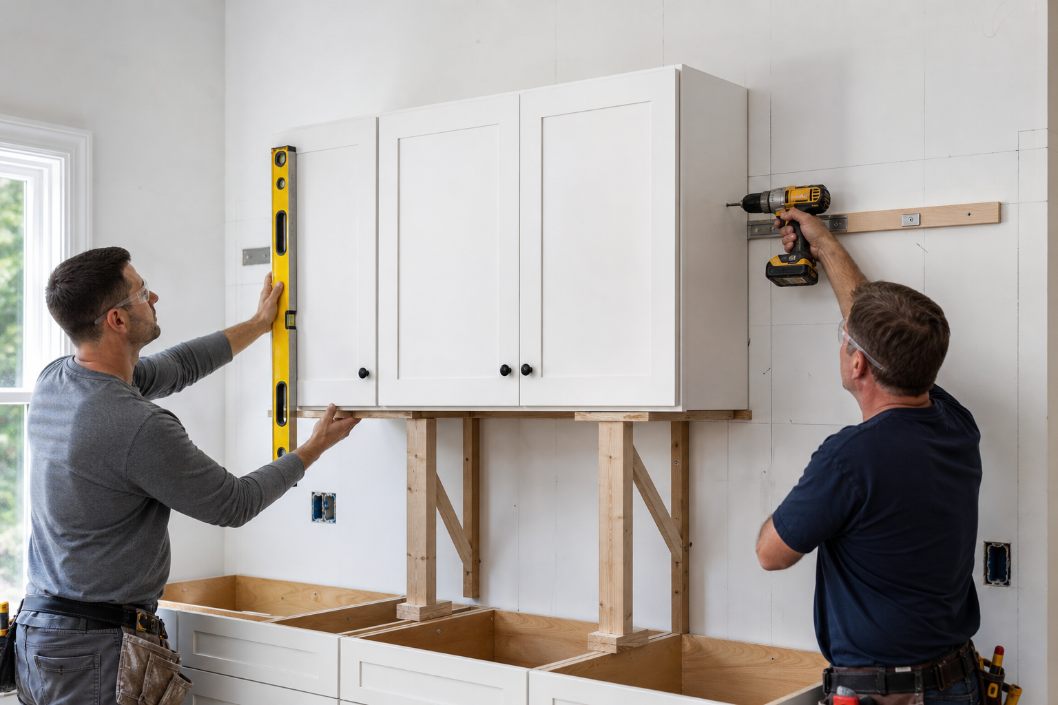 Two installers supporting and fastening a wall cabinet to structural framing