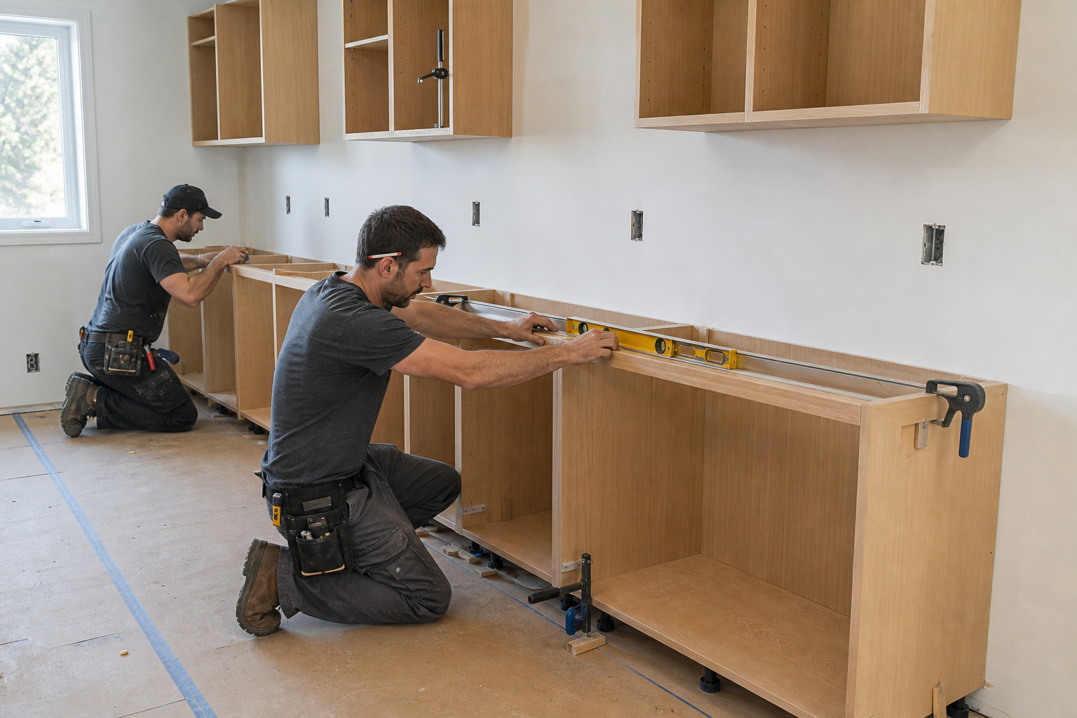Installers leveling and aligning RTA kitchen cabinets in a Canadian home