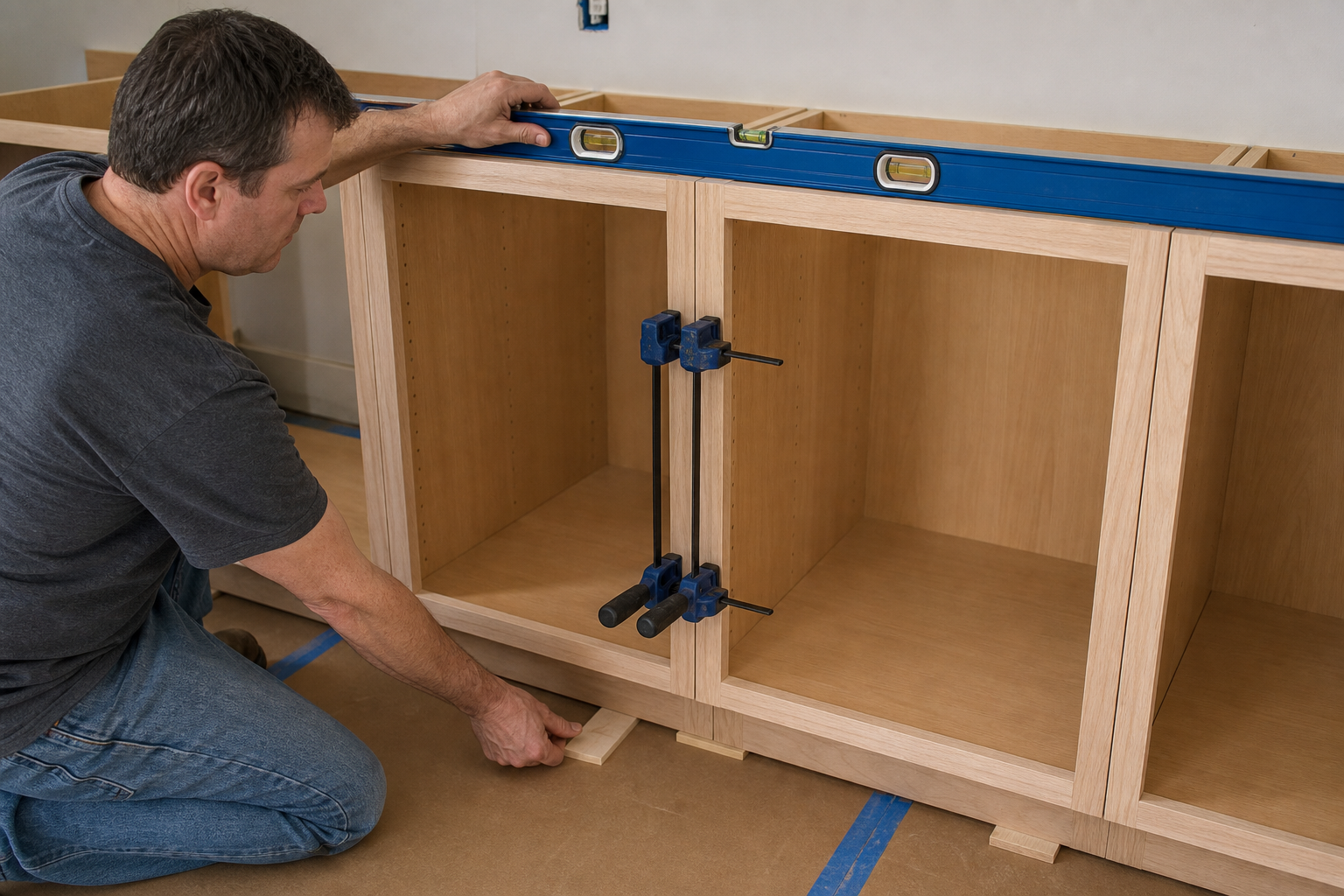 Installer leveling and clamping adjacent base cabinet boxes before fastening
