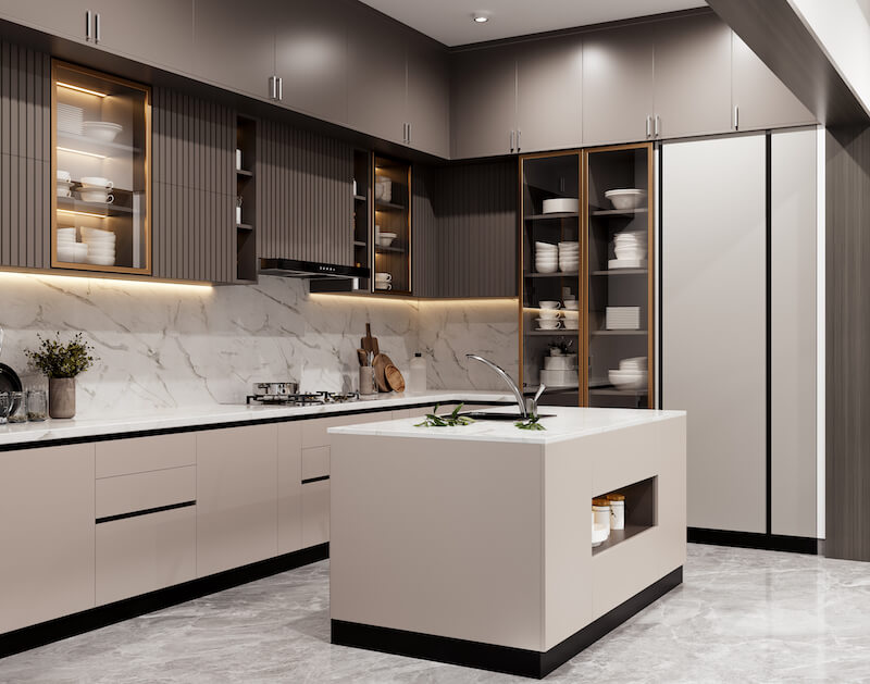 Modern Kitchen Cabinet Mississauga design with luxury island and glass features