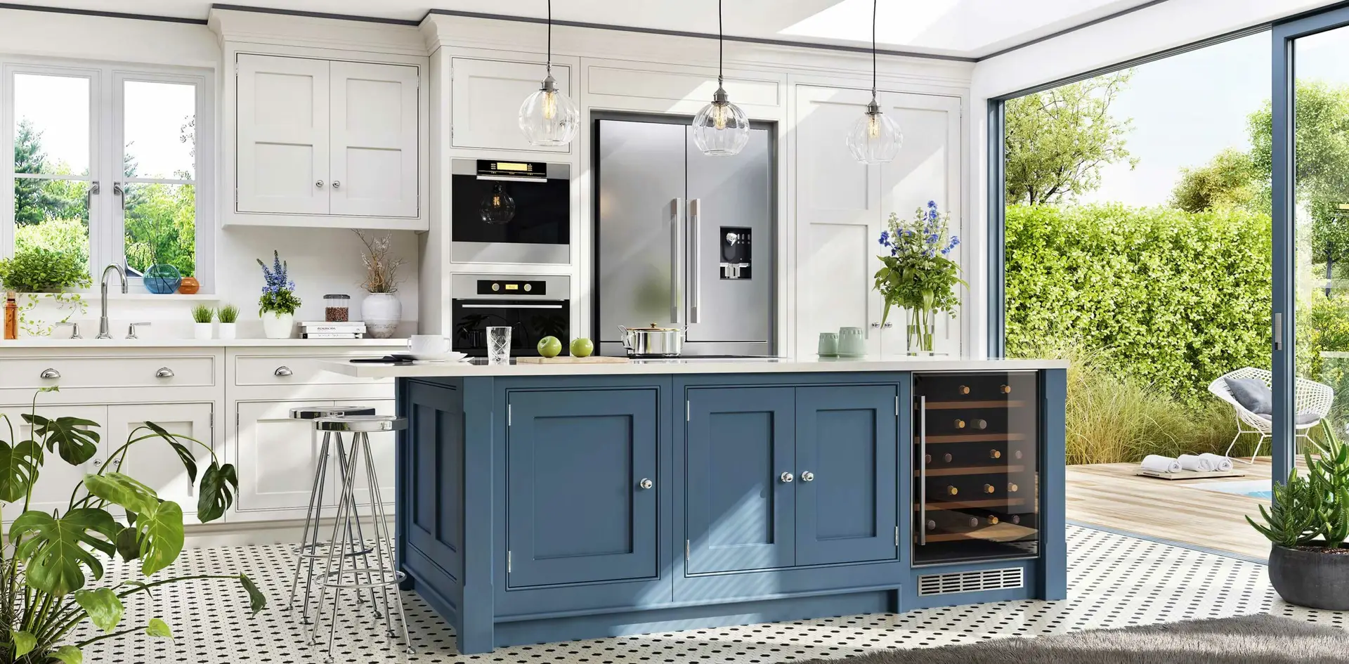 Modern kitchen featuring white shaker-style flat pack kitchen cabinets and a blue island with a built-in wine cooler, pendant lights, and large garden-facing windows.