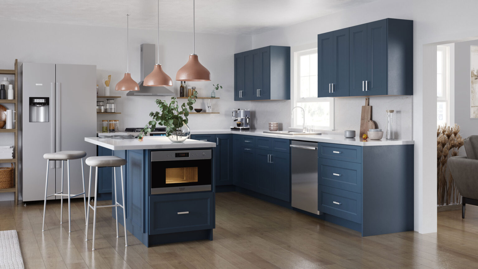 Modern navy-blue Kitchen cabinet Mississauga setup with an L-shaped layout, white quartz countertops, island seating, and copper pendant lights in a bright Canadian home.