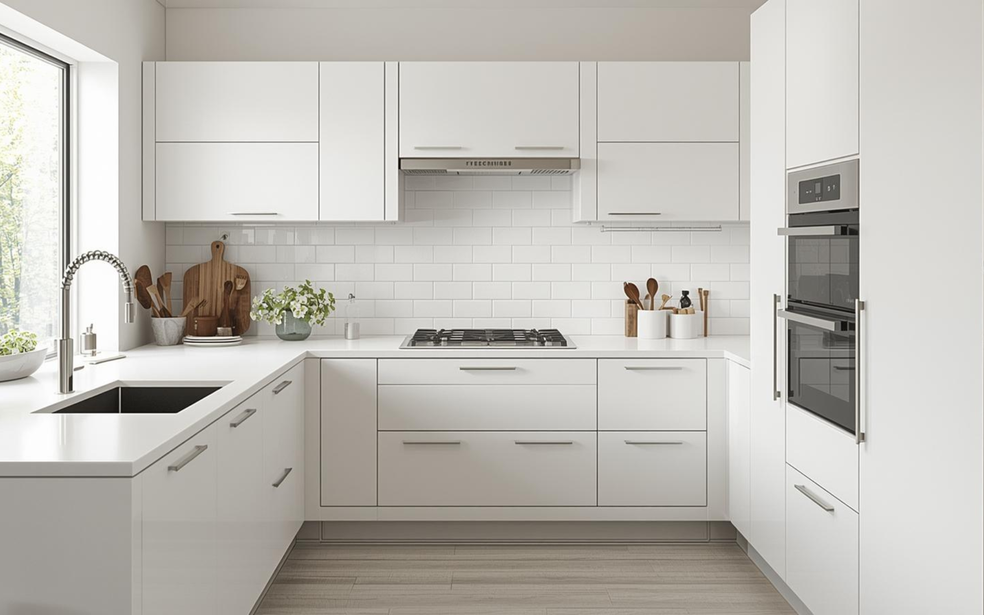 Low price kitchen cabinet inspiration in a bright modern white L-shaped kitchen with flat-panel doors, subway tile backsplash, and built-in wall ovens.