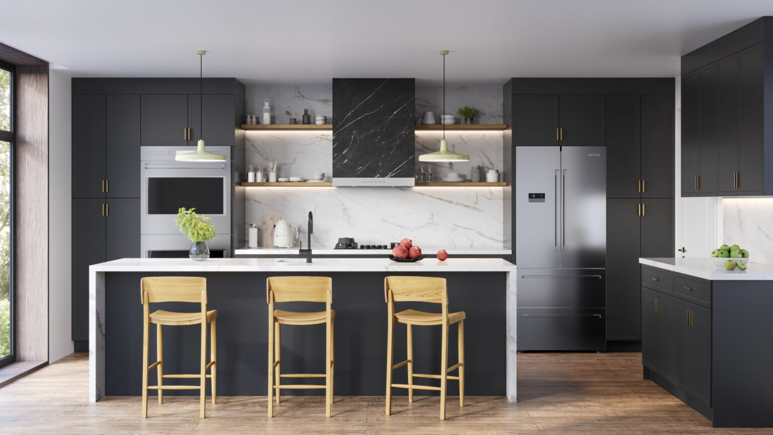 Modern kitchen with matte black flat-panel cabinets, brass handles, marble-look backsplash, large waterfall island with bar stools, and stainless steel appliances (Kitchen Cabinet Mississauga).
