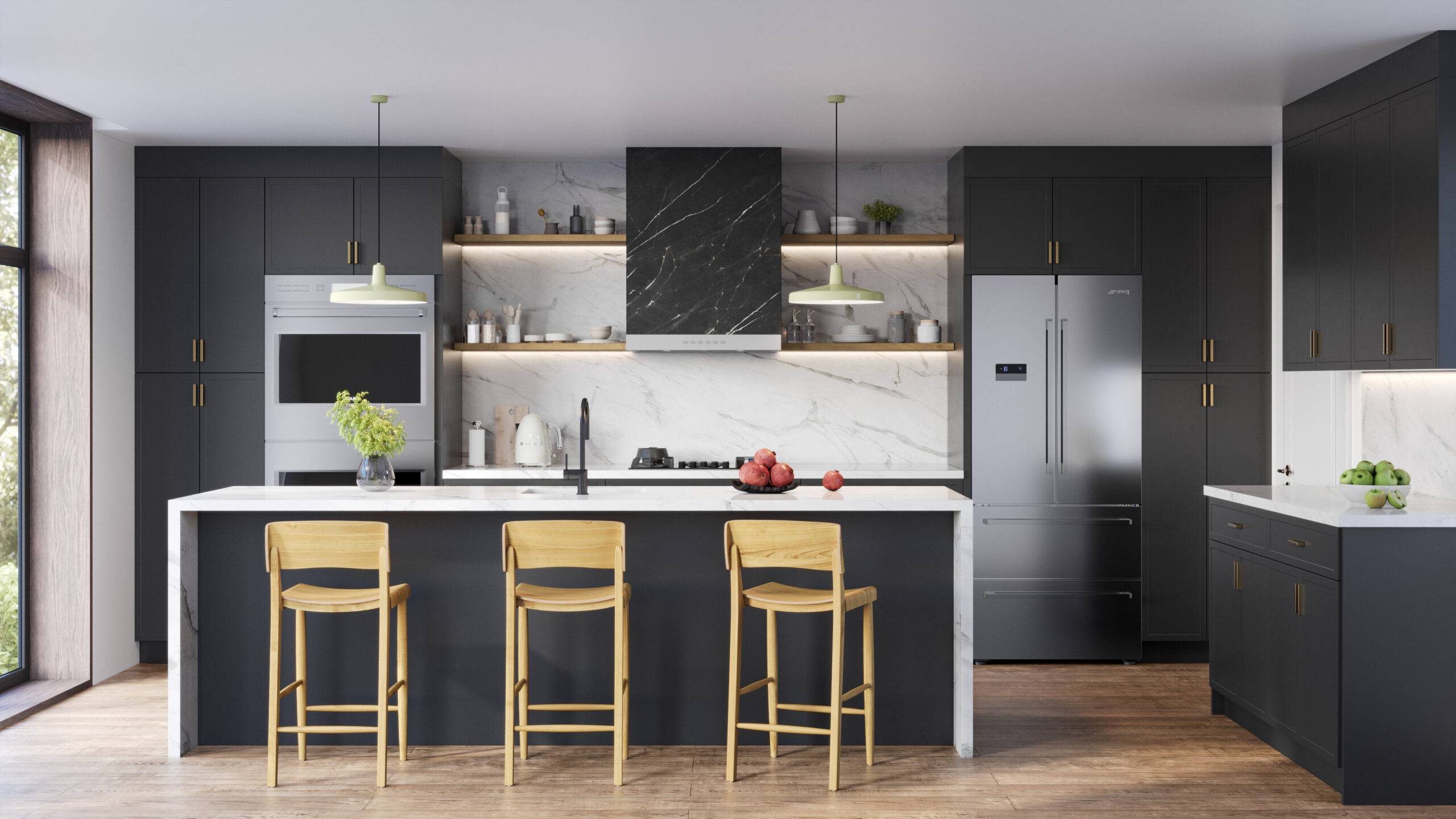 Modern kitchen with matte black flat-panel cabinets, brass handles, marble-look backsplash, large waterfall island with bar stools, and stainless steel appliances (Kitchen Cabinet Mississauga).