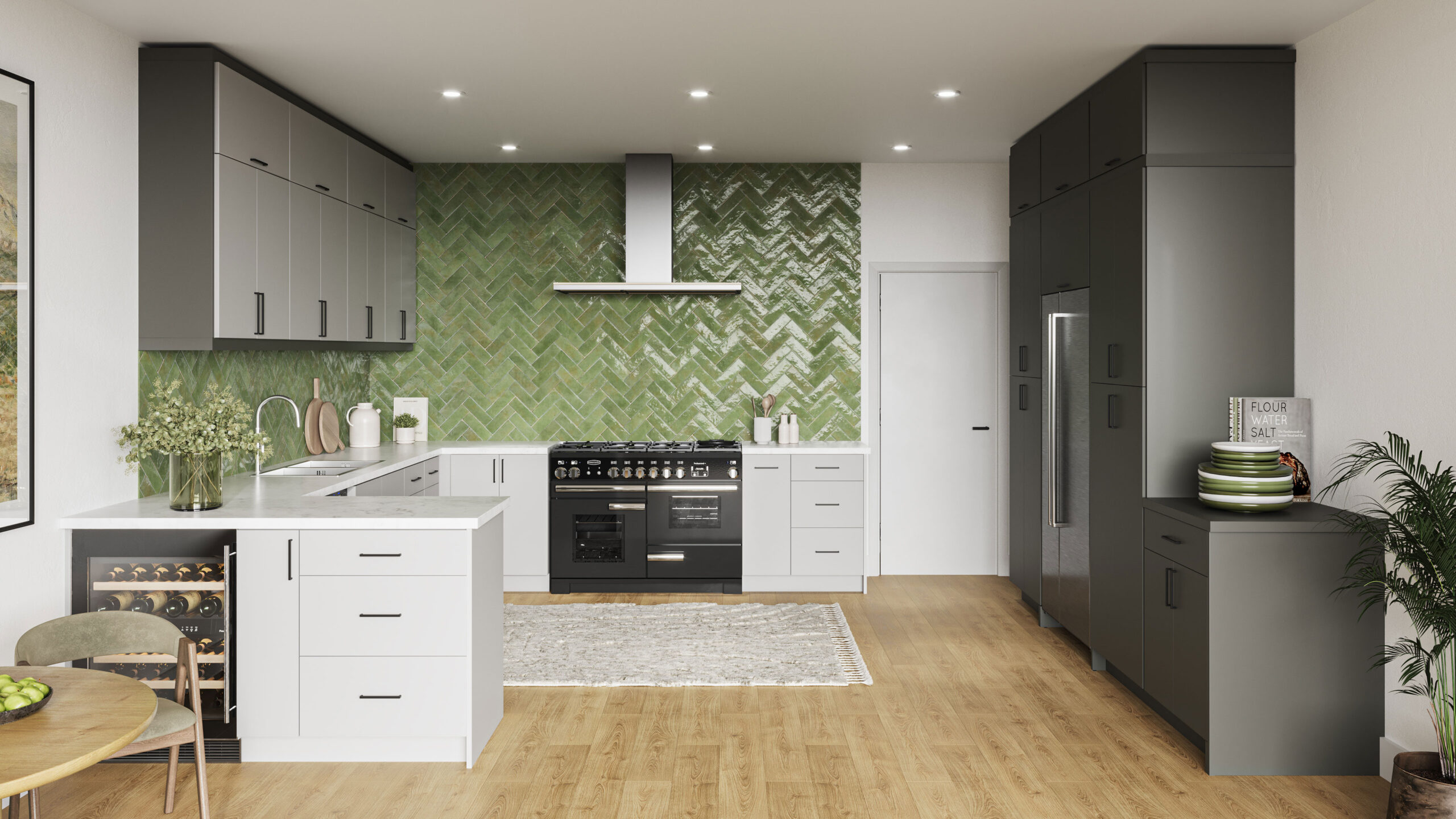 Modern kitchen cabinet design with two-tone flat-panel doors, green herringbone tile backsplash, and a large island with storage.