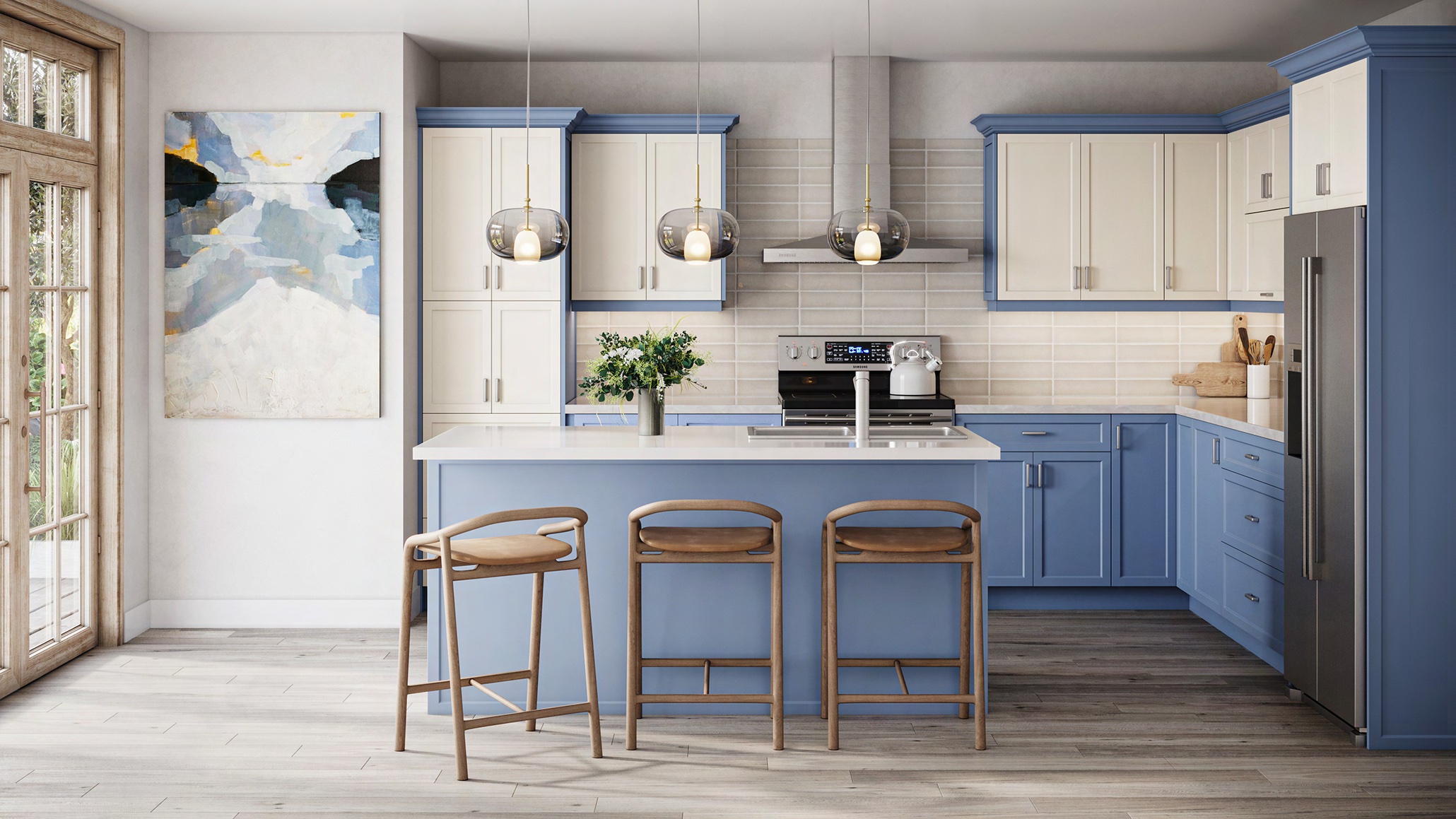Modern two-tone kitchen with blue base cabinets, white upper cabinets, a white waterfall island, globe pendant lights, and stainless steel appliances — Kitchen Cabinet Mississauga.