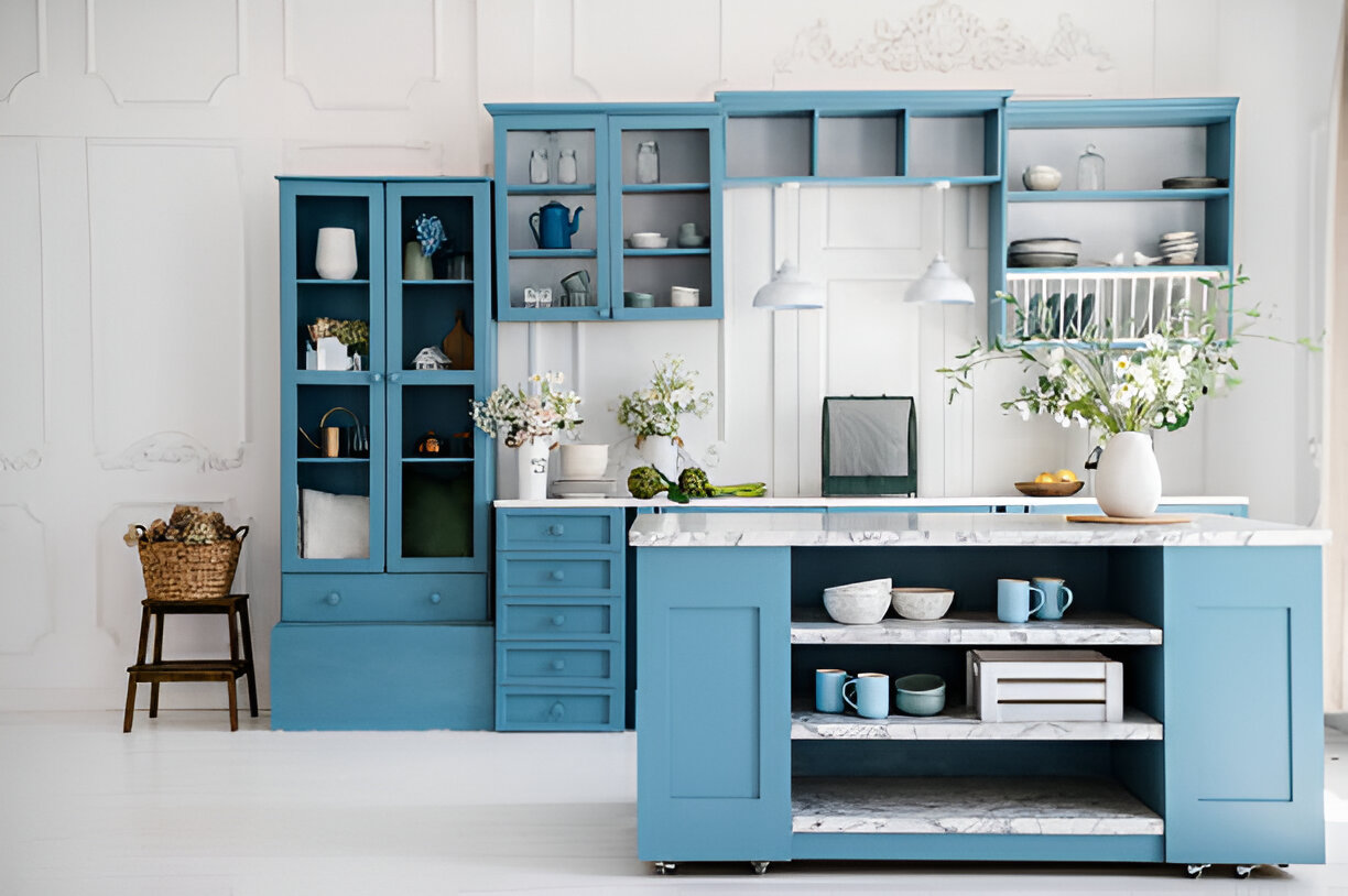 Blue shaker kitchen cabinet setup with a glass-front pantry and a rolling island featuring open shelves and a marble countertop