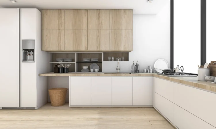 Modern minimalist kitchen cabinet design with white lower cabinets, light wood upper cabinets, and an L-shaped wood countertop.