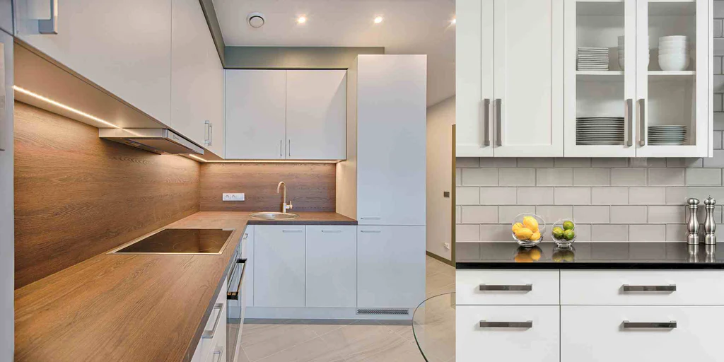 Premade kitchen cabinet set in a spacious modern kitchen with light wood Shaker-style doors, glass-front uppers, a large island, and built-in stainless appliances.