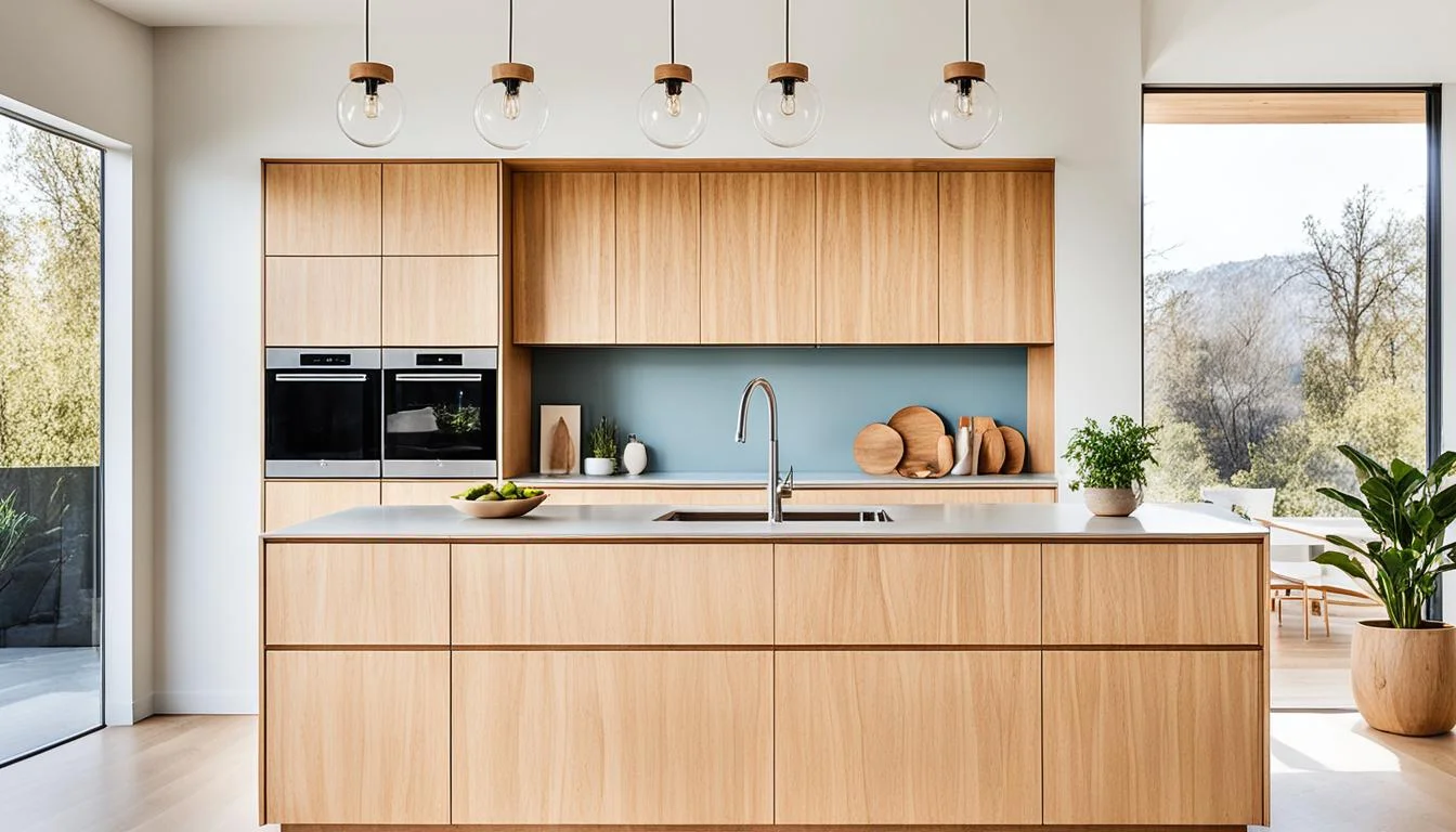 Modern light wood kitchen cabinet with large island in a bright, airy home interior