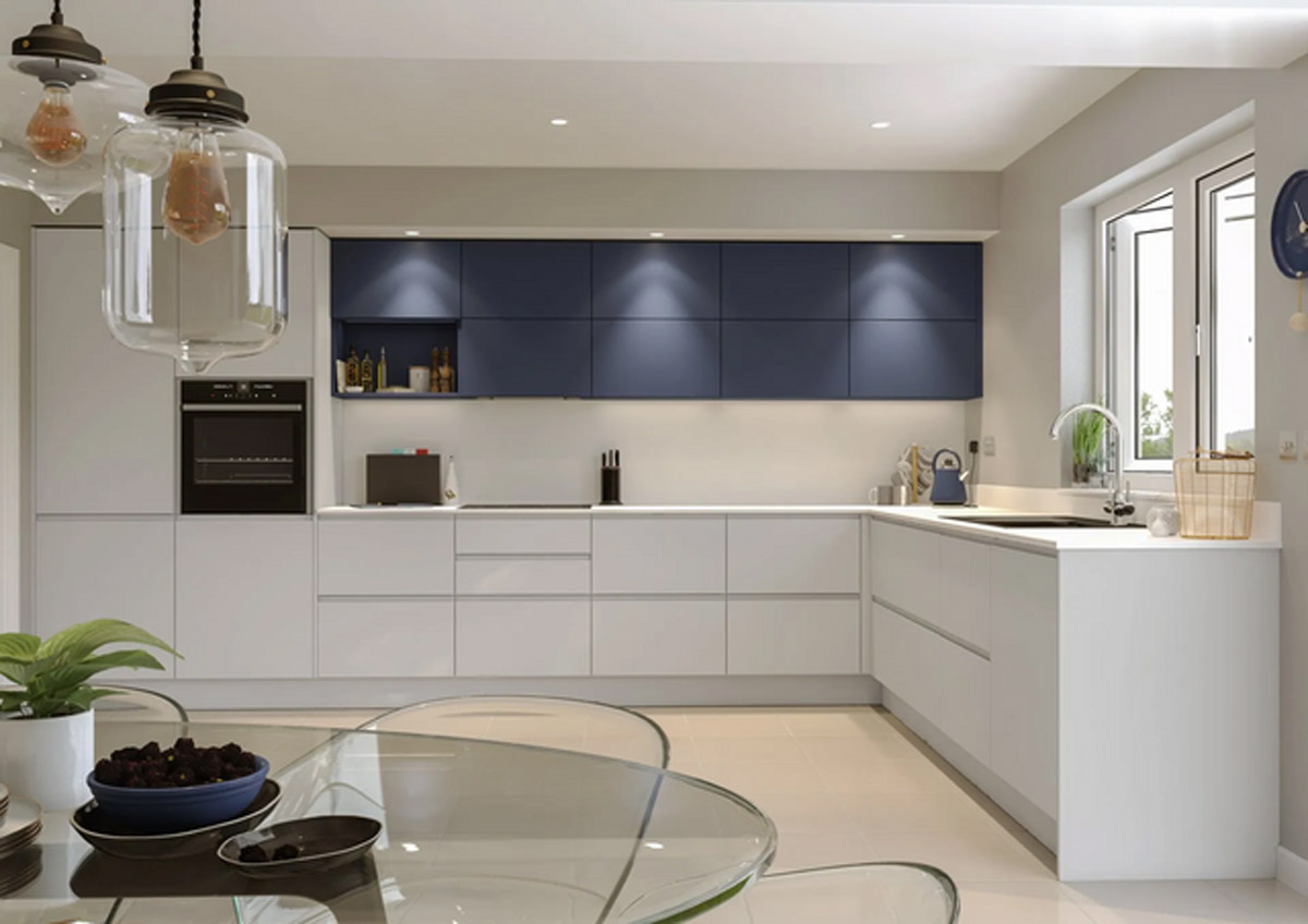 Modern L-shaped kitchen with white base cabinets and navy upper cabinets—Flat pack kitchen cabinet inspiration for a clean, minimalist look.