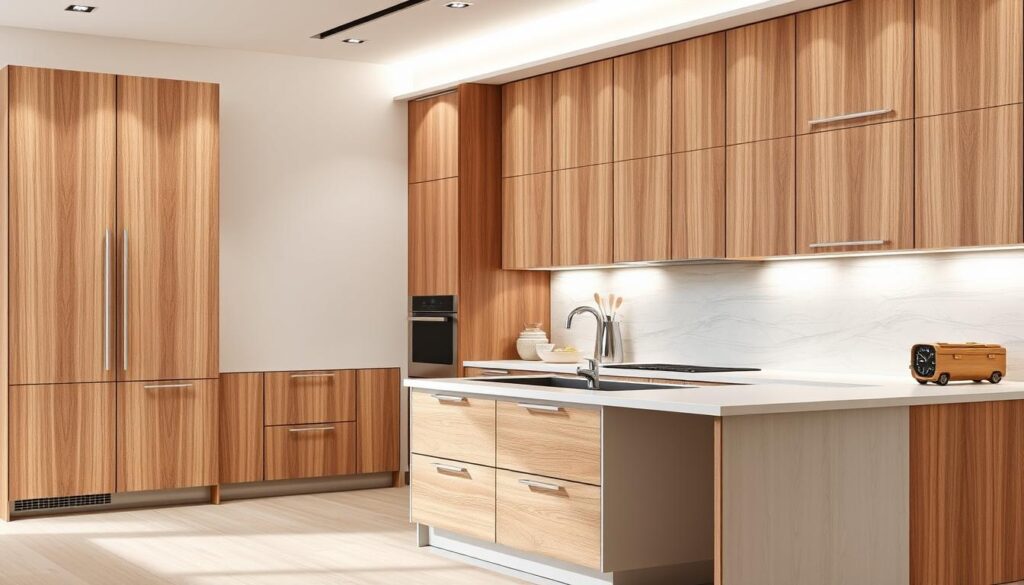 Low price kitchen cabinet inspiration in a modern minimalist kitchen with warm wood-grain flat-panel cabinets, sleek handles, and a bright white countertop