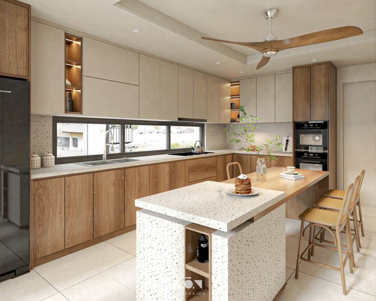 Modern Japandi style Kitchen Cabinet Mississauga design featuring warm wood finishes and terrazzo island for condo renovation