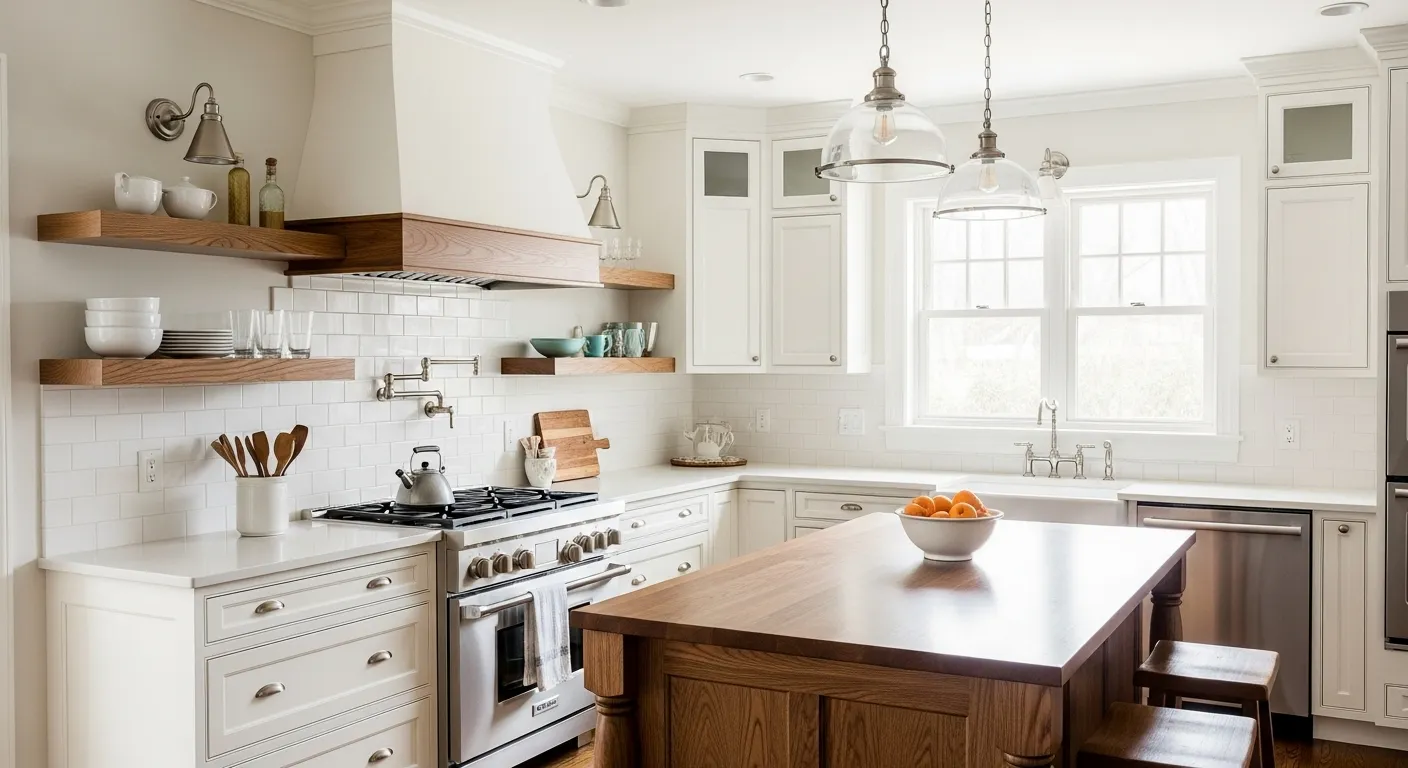 Bright white kitchen with shaker cabinets, subway tile backsplash, warm wood island, and pendant lights—showcasing the best kitchen cabinet colors Canada homeowners love.