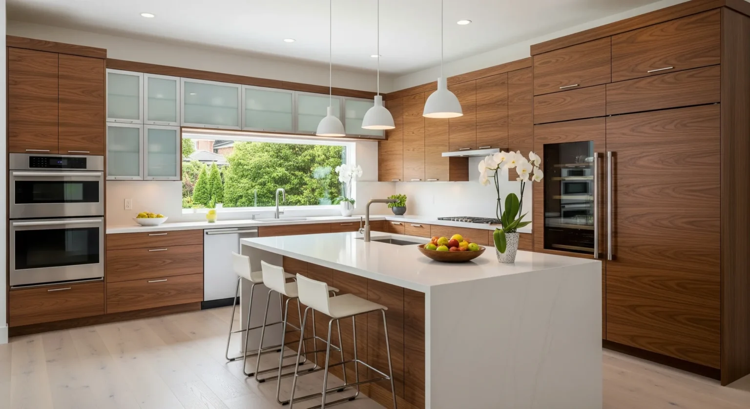 Modern walnut kitchen cabinet design with white quartz island in a bright open kitchen