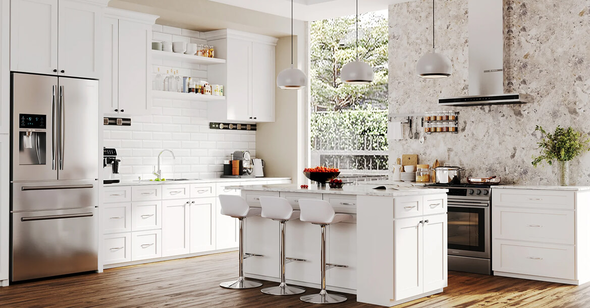 Bright modern kitchen with white shaker Premade kitchen cabinet units, a large island with seating, subway tile backsplash, and stainless steel appliances.